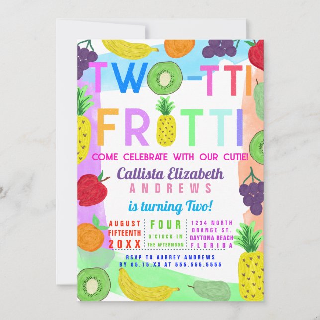 Two-tti Frutti Colourful Painted Fruit 2nd Birthda Invitation (Front)
