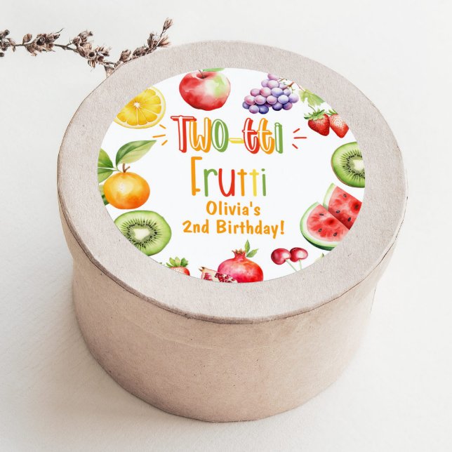Two-tti frutti girl 2nd birthday party classic round sticker (Creator Uploaded)