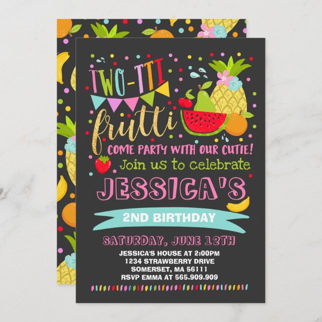 Two-tti Frutti Party Invitation 2nd Birthday Party (Front/Back)
