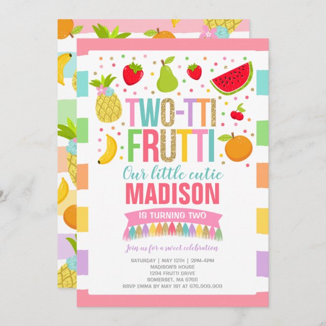 Two-tti Frutti Party Invitation 2nd Birthday Party (Front/Back)