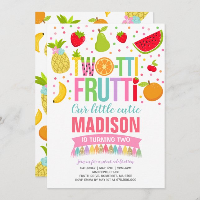 Two-tti Frutti Party Invitation 2nd Birthday Party (Front/Back)