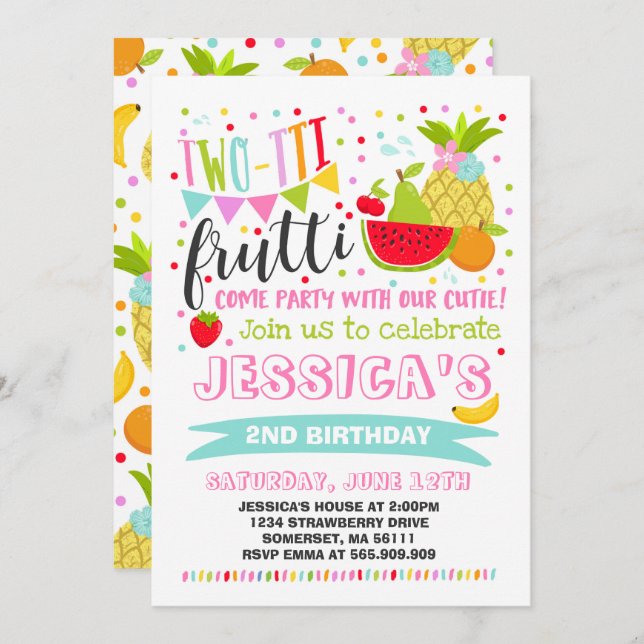 Two-tti Frutti Party Invitation 2nd Birthday Party (Front/Back)