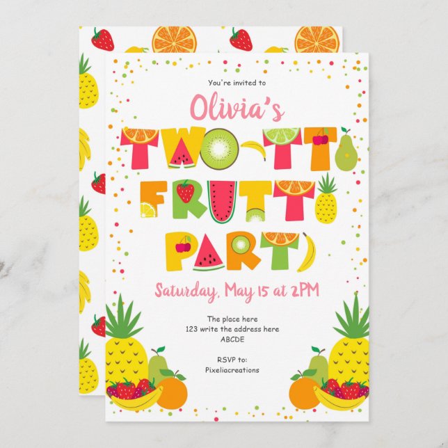 Two tti Frutti, Tropical, Fruit, Girl 2nd birthday Invitation (Front/Back)