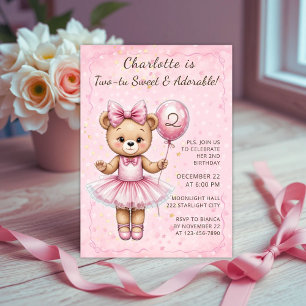 Two-Tu Sweet Coquette Ballerina Bear Birthday Invitation