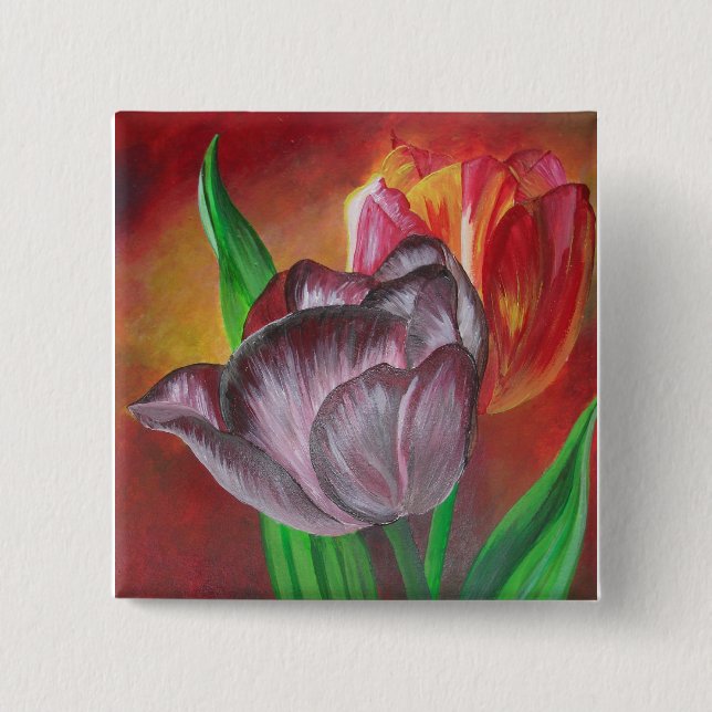 Two Tulips Against Red Background 15 Cm Square Badge (Front)
