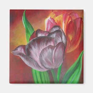 Two Tulips Against Red Background Magnet