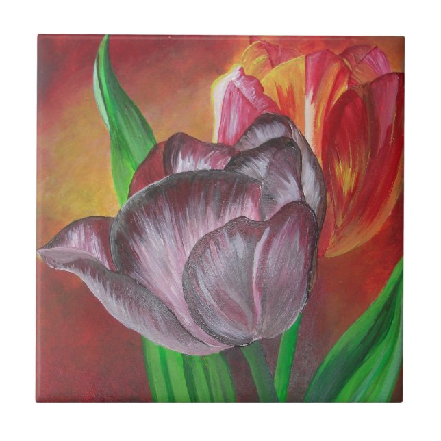 Two Tulips Against Red Background Tile (Front)