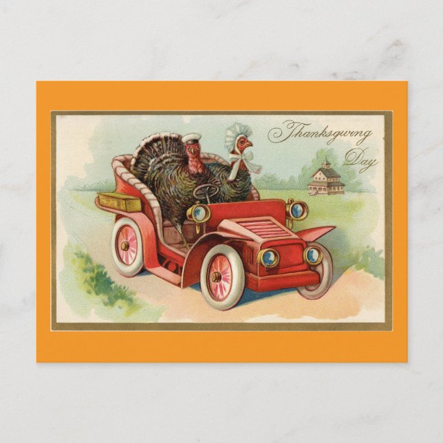 Two Turkeys With Car Thanksgiving Postcard (Front)