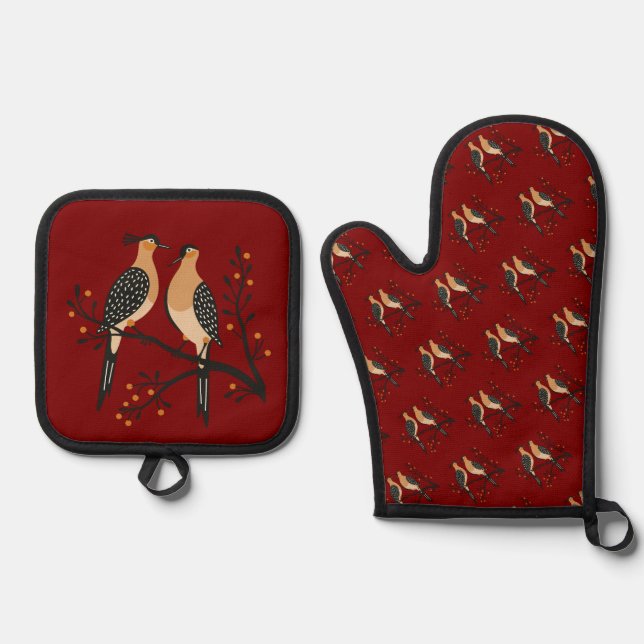 Two Turtle Doves Cut-Out Stencil Retro Style 7 Oven Mitt & Pot Holder Set (Front)