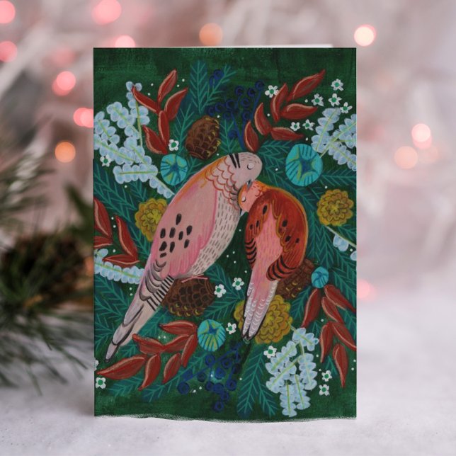 Two turtle Doves floral wreath Christmas holiday Card (Creator Uploaded)