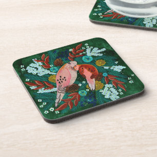 Two turtle Doves floral wreath Christmas holiday  Coaster