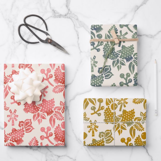 Two Turtle Doves in Pink, Green, and Mustard Wrapping Paper Sheet (Front)