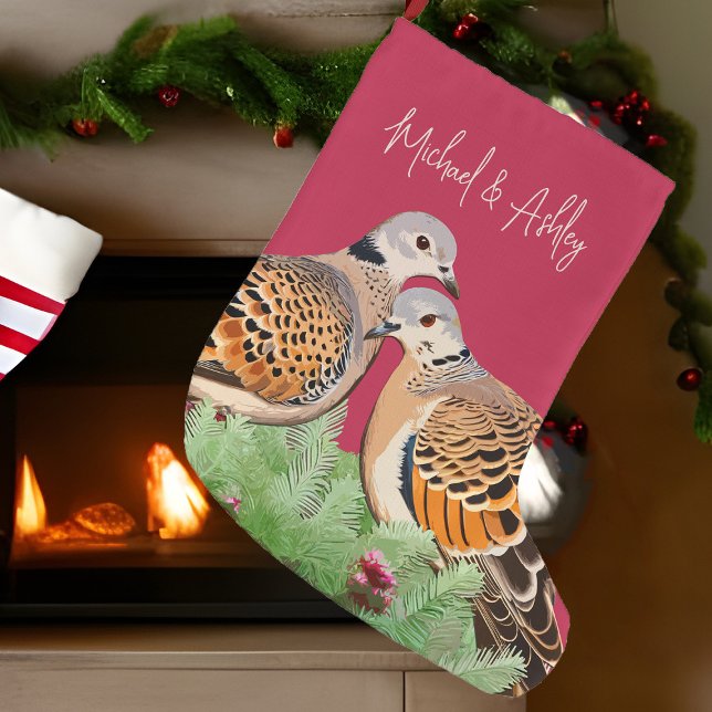 Two Turtle Doves Red Holiday Bird Couple In Love Large Christmas Stocking (2 turtle doves personalized couple's Christmas stocking)
