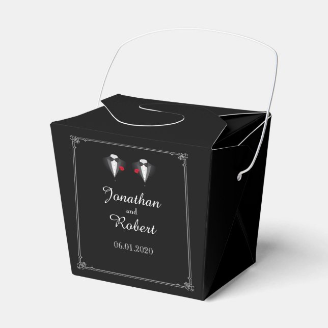 Two Tuxedos with Red Rose Gay Wedding Favour Box (Front Side)