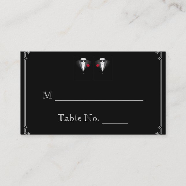 Two Tuxedos with Red Rose Gay Wedding Place Cards (Front)