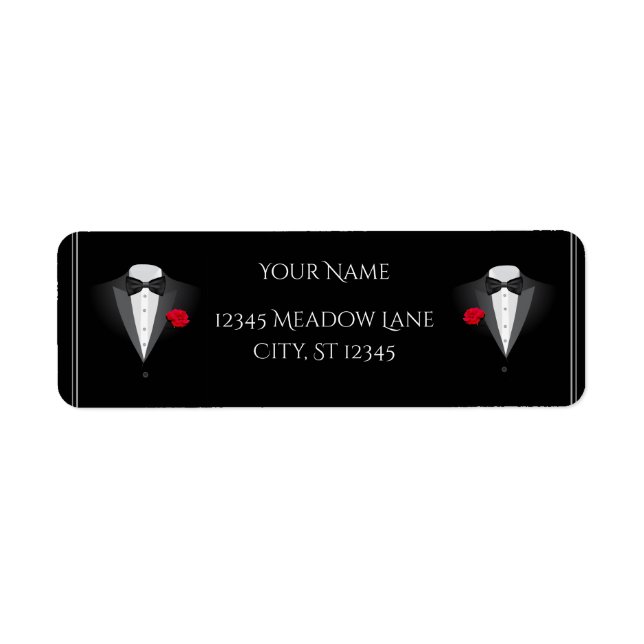 Two Tuxedos with Red Rose Wedding Return Address Label (Front)