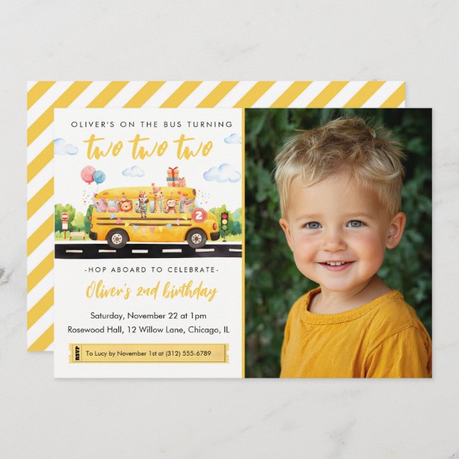Two Two Two School Bus 2nd Birthday Invitation (Front/Back)