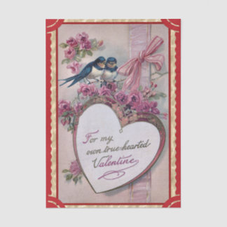 Two Valentine Lovebirds with Purple Roses, Ribbon  Tissue Paper