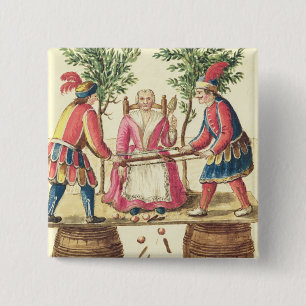 Two Venetian magicians sawing a woman in half 15 Cm Square Badge
