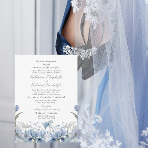 Two Venue Dusty Blue Floral Both Parents Wedding Invitation