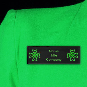 Two Vibrant Celtic Knots Irish Green on Black Name Tag