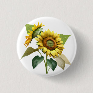 Two Vibrant Sunflowers with Lush Green Leaves 3 Cm Round Badge