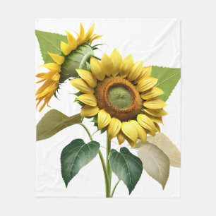 Two Vibrant Sunflowers with Lush Green Leaves Fleece Blanket