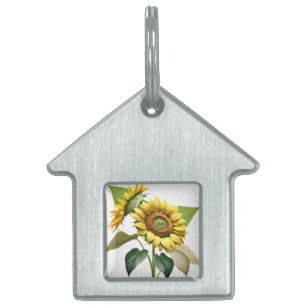 Two Vibrant Sunflowers with Lush Green Leaves Pet ID Tag