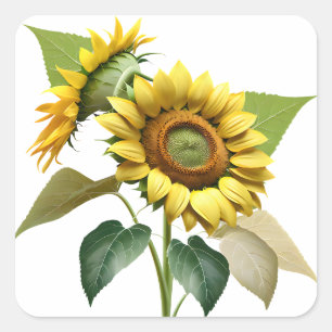 Two Vibrant Sunflowers with Lush Green Leaves Square Sticker