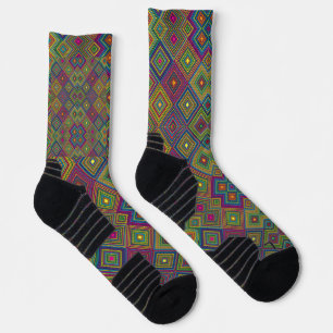Two views of colourful socks featuring a geometric