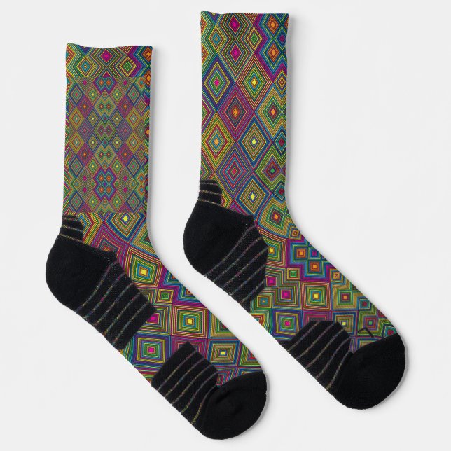 Two views of colourful socks featuring a geometric (Right)