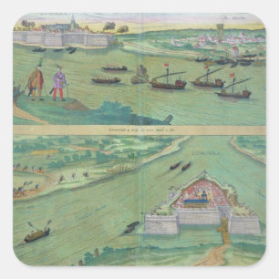 Two Views of Comorra, from 'Civitates Orbis Terrar Square Sticker