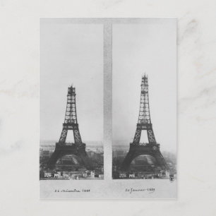 Two views of the construction of the Eiffel Postcard