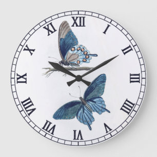 Two Vintage Blue Butterflies Large Clock