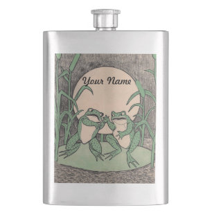 Two Vintage Funny Love Green Frogs Moon Hip Flask