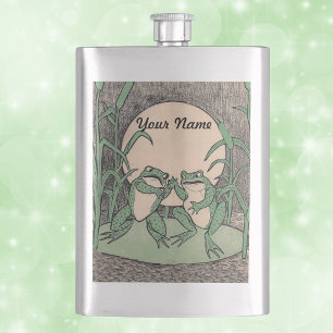 Two Vintage Funny Love Green Frogs Moon Hip Flask