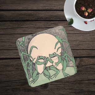 Two Vintage Funny Love Green Frogs Moon Square Paper Coaster