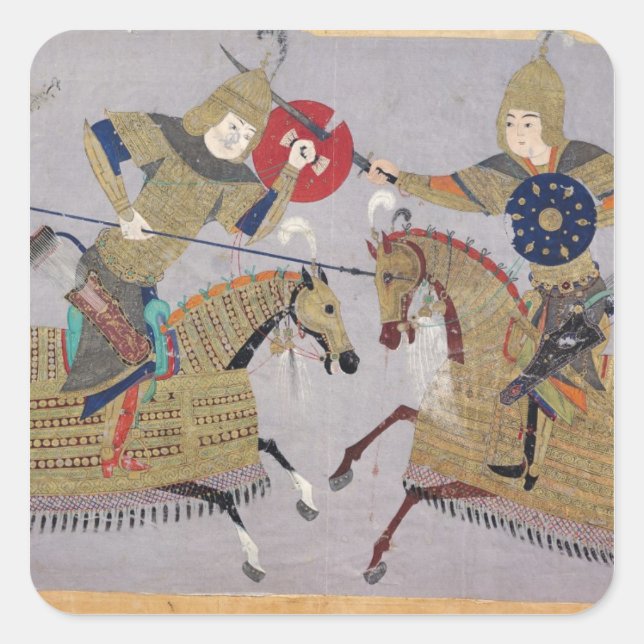 Two warriors on horseback in combat square sticker (Front)