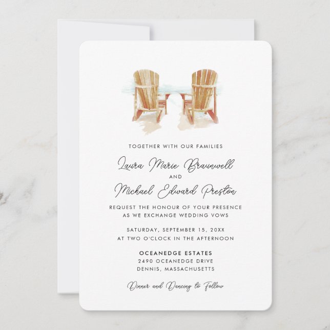 Two Watercolor Adirondack Chairs Wedding Invitation (Front)