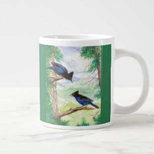 Two Watercolor Stellar Jay Birds Forest Trees  Large Coffee Mug