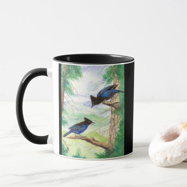 Two Watercolor Stellar Jay Birds Forest Trees  Mug (With Donut)