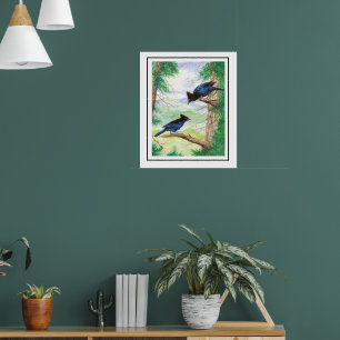 Two Watercolor Stellar Jay Birds Forest Trees Poster
