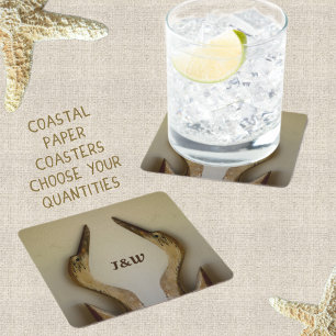 Two Weathered Herons Coastal with Initials Square Paper Coaster