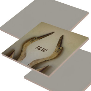 Two Weathered Herons with Initials Coastal Ceramic Tile