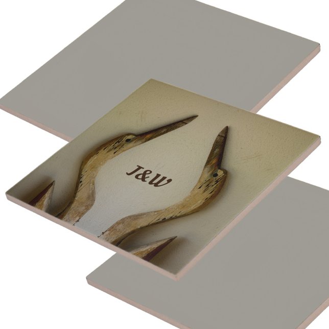 Two Weathered Herons with Initials Coastal Ceramic Tile (Creator Uploaded)