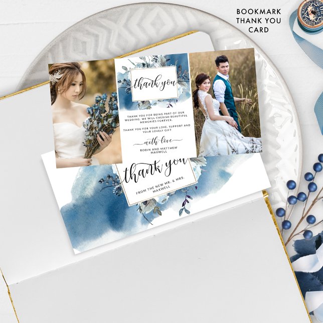 Two Wedding Photo Blue Watercolor Floral Thank you (Creator Uploaded)