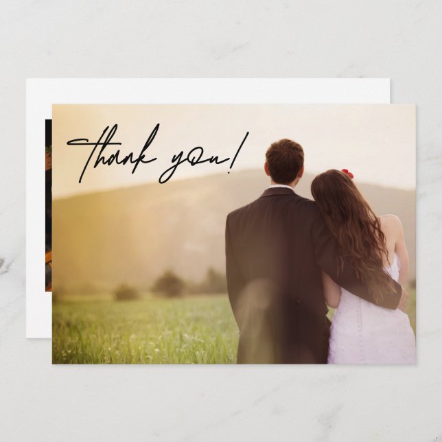 Two Wedding Photos Elegant Script Custom Thank You Card (Front/Back)