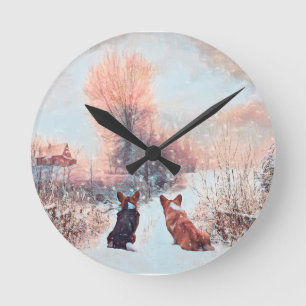 Two Welsh Corgis First Snow Round Clock