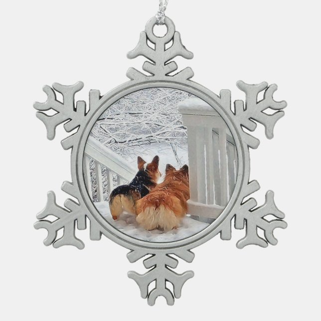 Two Welsh Corgis in the Snow Ornament (Front)