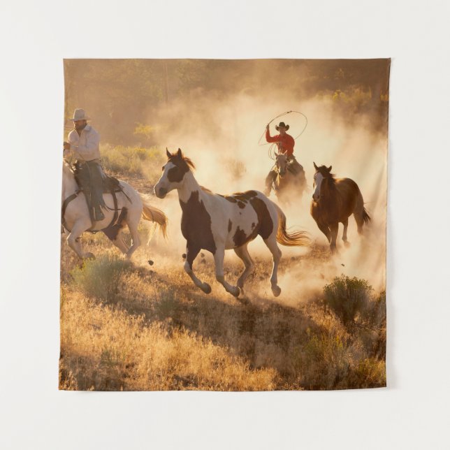 Two western cowboys riding horses, roping wild hor tapestry (Front)
